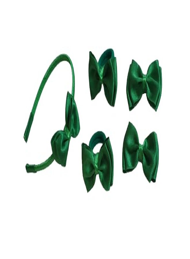 Belleza Crafting with Creativity Hair Accessories Set-5/ Bow Hairband with Bow Hairclip and Bow Ponytail Band/Combo Set for Girls Pattern1 (Green SHDD1) - Image 1